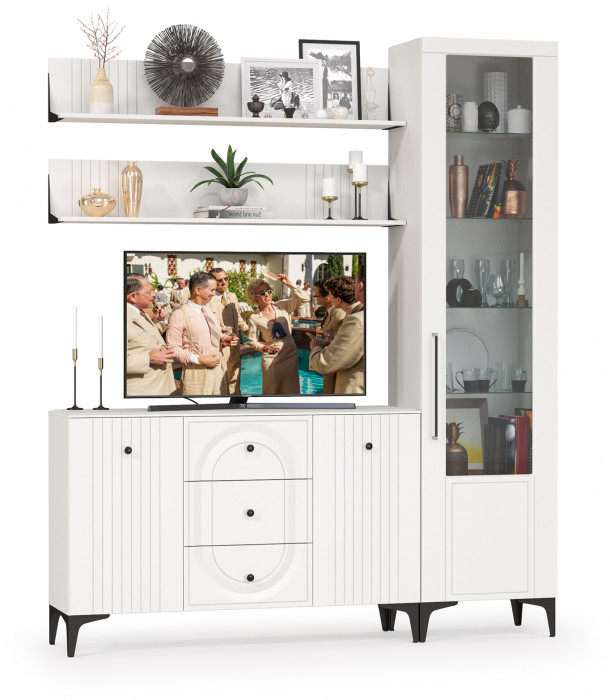 Валенсия Гостиная № 094, цвет ЛДСП белый шагрень/МДФ белый шагрень, ШхГхВ 188,2х38,4х225,2 см., универсальная сборка