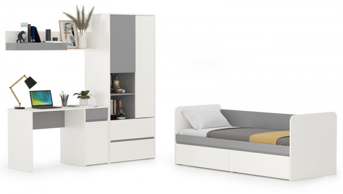 Торонто Компоновка № 25, цвет белый шагрень/стальной серый, сп. м. 800х1900 мм., б/м, основание есть, универсальная сборка