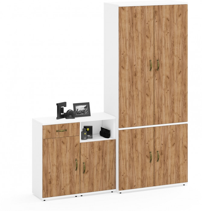 Лидер-8 Шкаф МД 20Б + Тумба МД 3.15 + Тумба МД 3.19, цвет белый шагрень/крафт золото, ШхГхВ 160х37,5х190 см., НЕ универсальная сборка