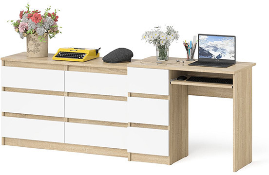 Мори Стол компьютерный МС-6 левый + Комод МК1200.6, цвет дуб сонома/белый, ШхГхВ 210,4х50х76,6 см., выдвижные ящики слева, НЕ универсальная сборка