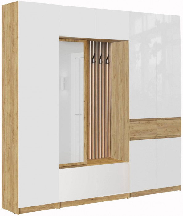 Модульная прихожая Роджина, композиция 3 (Белый глянец, Дуб Крафт Золотой)