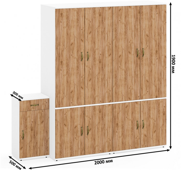 Лидер-8 Шкаф МД 19Б + Шкаф МД 19Б + Тумба МД 3.15, белый шагрень/крафт золото