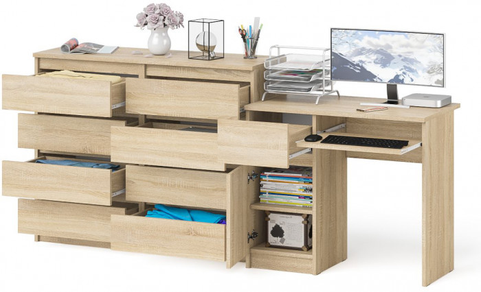 Мори компьютерный стол МС-1 левый + Комод МК1200.8, дуб сонома