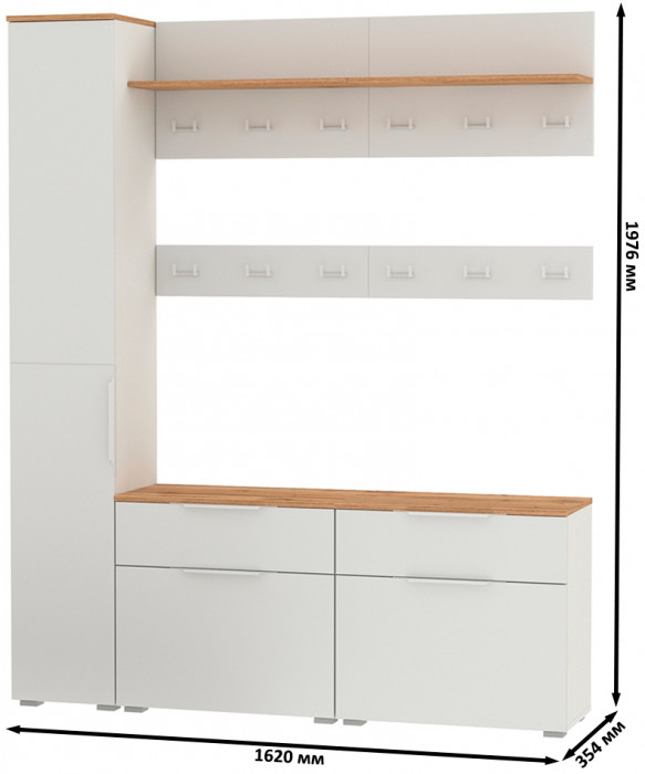 Октава Прихожая 34, цвет белый шагрень/дуб крафт золотой/фасады МДФ белый шагрень, ШхГхВ 162х35,4х197,6 см., универсальная сборка