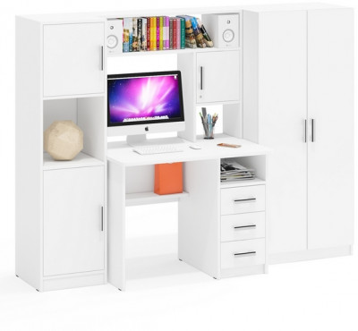 Стол компьютерный С-МД-СК9+Пенал С-МД-СК9П+Шкаф С-МД-СК9Ш, цвет белый шагрень, ШхГхВ 215х70х160 см., НЕ универсальная сборка