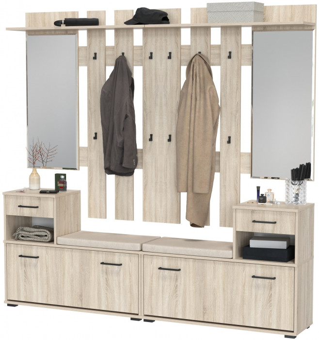Лира ГК Прихожая 2 Два х Тумба под обувь + Два х Вешалка с зеркалом, цвет дуб сонома, ШхГхВ 200х33х185 см., универсальная сборка