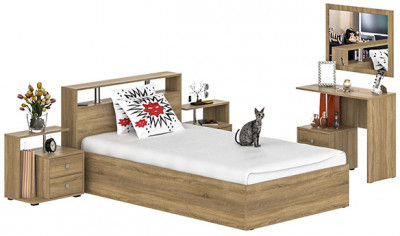 Камелия спальня № 6 Кровать 1200 + Две тумбы + Стол косметический + Зеркало, цвет дуб сонома, сп.м. 1200х2000 мм., б/м, основание есть