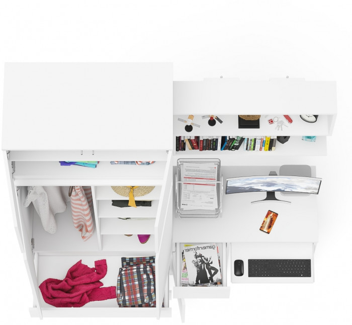 Мори Стол компьютерный МС-1 левый + Шкаф МШ900.1 + Антресоль МА900.1 + Полка 900, цвет белый, ШхГхВ 180,4х50,4х234,2 см., НЕ универс. сборка