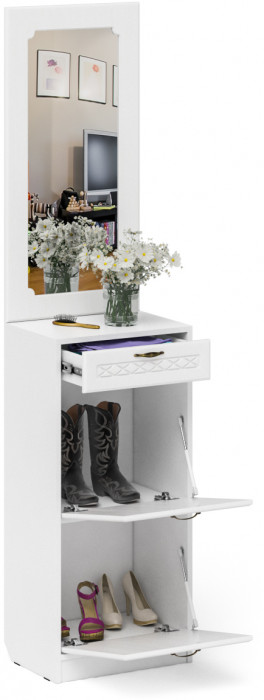 Прихожая П-6 Тумба для обуви 2 секции + Зеркало, цвет белая шагрень/фасады МДФ белое дерево фрезеровка ромб, ШхГхВ 50х35х210 см.