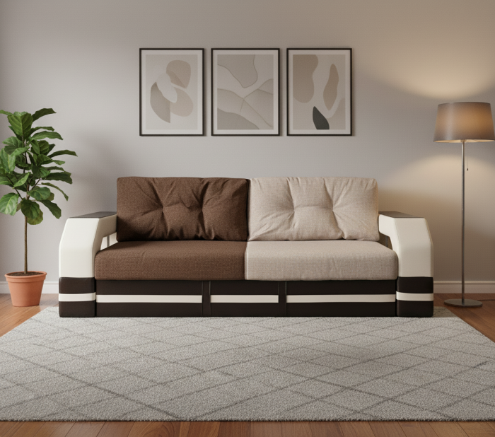 Диван-еврокнижка Манчестер, пружинный блок, 150х195, велюр/экокожа бежево-коричневый