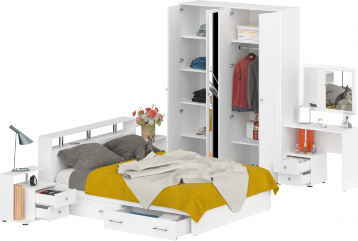 Камелия спальня № 9 Кровать с ящиками 1600 + Две тумбы + Стол косметич. + Зеркало + Шкаф 4-х, белый