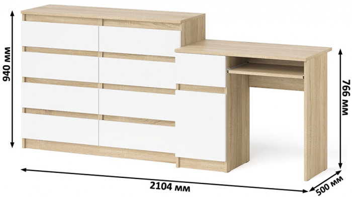 Мори компьютерный стол МС-1 левый + Комод МК1200.8, дуб сонома/белый