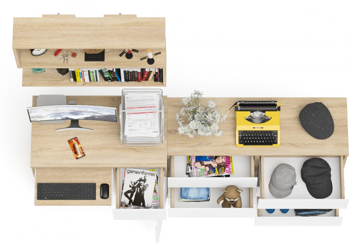 Мори компьютерный стол МС-1 правый + Комод МК1200.6 + Полка 900, дуб сонома/белый