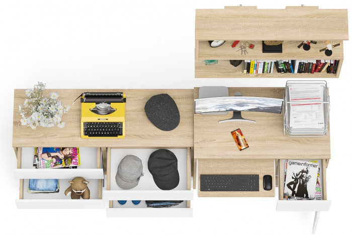 Мори компьютерный стол МС-1 правый + Комод МК1200.6 + Полка 900, дуб сонома/белый