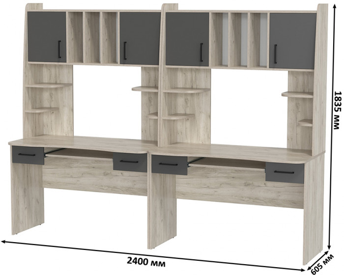 Два стола рабочих 6-0604 Бета + два кресла 103 серых, цвет дуб крафт серый/графит, ШхГхВ 240х60,5х183,5 см.