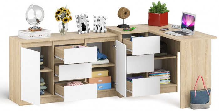 Мори компьютерный стол МС-16 левый + Комод МК1200.3, дуб сонома/белый