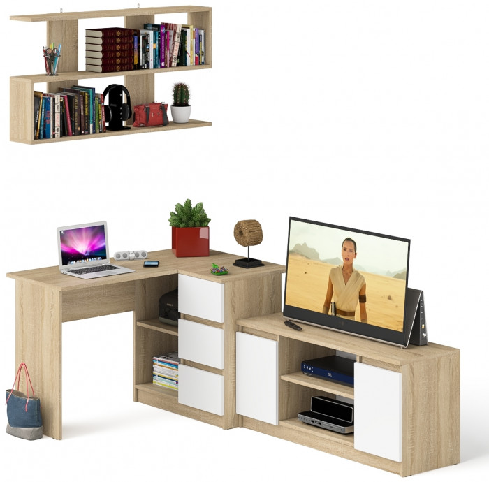Мори компьютерный стол МС-16 правый + Тумба МТВ1200.1 + Полка 1200, дуб сонома/белый