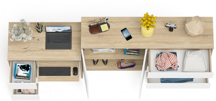 Мори компьютерный стол МС-6 левый + Комод МК1600.1, дуб сонома/белый