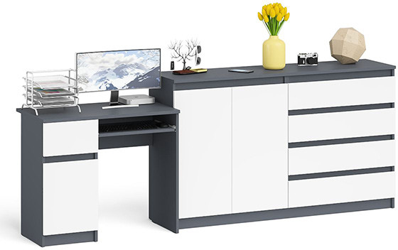 Мори Стол компьютерный МС-1 левый + Комод МК1600.1, цвет графит/белый, ШхГхВ 250,4х50х94 см., выдвижной ящик слева, НЕ универсальная сборка