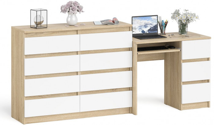 Мори Стол компьютерный МС-6 правый + Комод МК1200.8, цвет дуб сонома/белый, ШхГхВ 210,4х50х94 см., выдвижные ящики справа, НЕ универсальная сборка