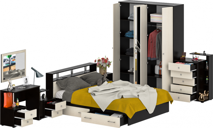 Камелия спальня № 10 Кровать с ящиками 1600 + Две тумбы + Стол косм. + Зеркало + Комод + Шкаф, цвет венге/дуб лоредо, 1600х2000 мм., б/м, осн. есть