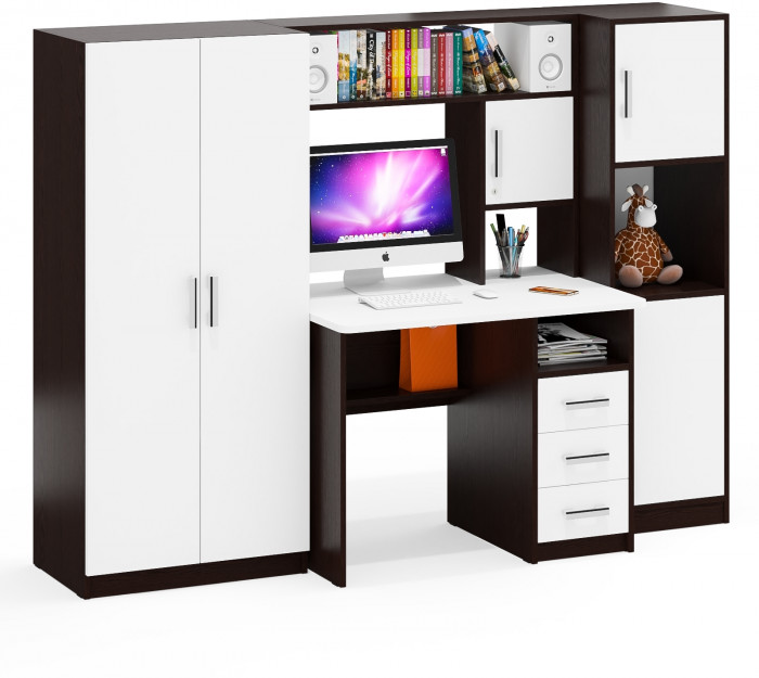 Стол компьютерный С-МД-СК9+Пенал С-МД-СК9П+Шкаф С-МД-СК9Ш, цвет венге/белый шагрень, ШхГхВ 215х70х160 см., НЕ универсальная сборка
