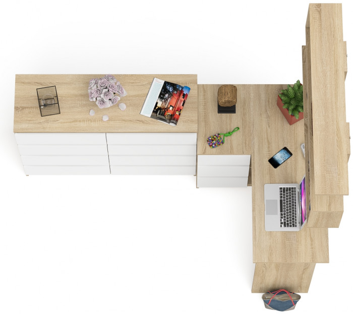 Мори компьютерный стол МС-16 левый + Комод МК1200.8 + Полка 1200, дуб сонома/белый