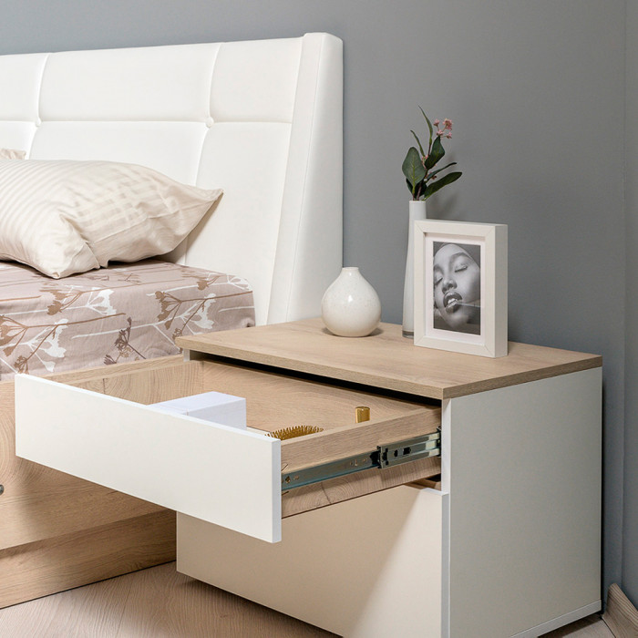 Муссон Кровать 11.41 + ортопед + 2 х Тумба 16.03, цвет белый/дуб эндгрейн элегантный, сп. м. 1600х2000 мм., б/м