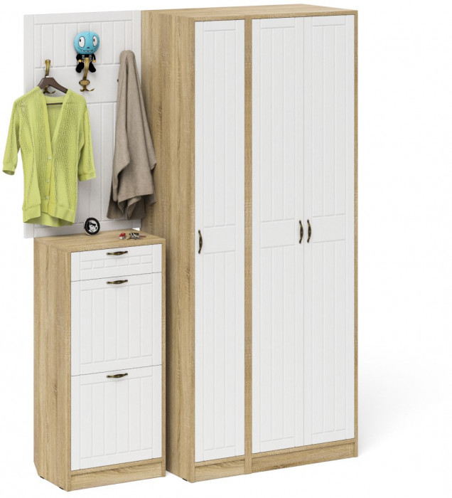 Прихожая П-6 Компоновка № 50, цвет дуб сонома/фасады МДФ белое дерево фрезеровка прованс, ШхГхВ 150х50х210 см., универсальная сборка