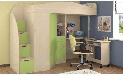 Детская кровать-чердак Теремок-1 Гранд, Дуб молочный / Салатовый