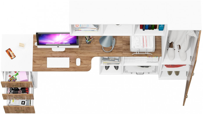 Лидер-8 Стол + Полка + Тумба МД 3.16 + Пенал МД 21Б, цвет белый шагрень/крафт золото, ШхГхВ 245х50/37,5х75/190 или 155х120/50х75/190 см., НЕ ун. сб.