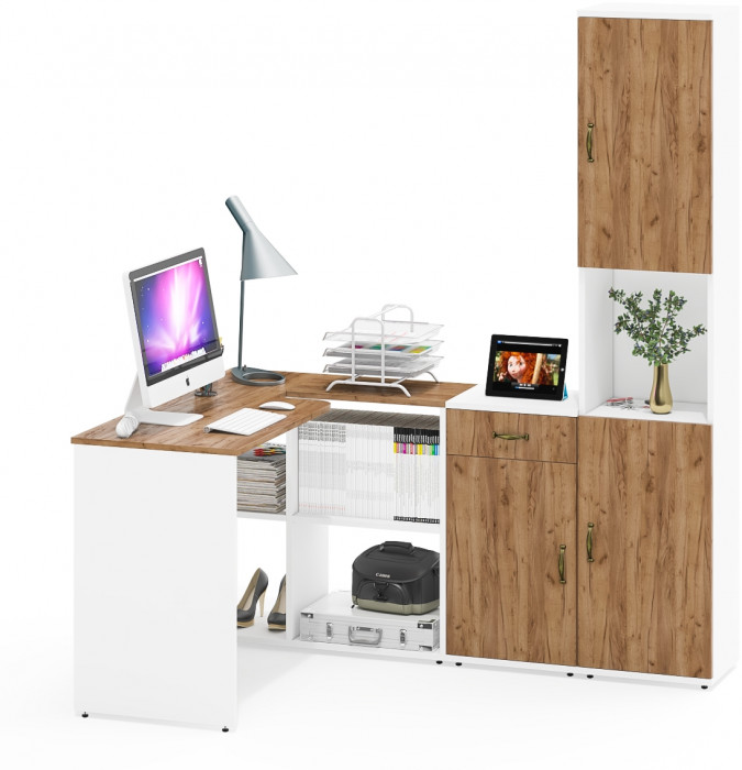 Лидер-8 Стол + Тумба МД 3.15 + Пенал, цвет белый шагрень/крафт золото, ШхГхВ 245х50/30х75/190 см. или 115х50/160х75/190 см., НЕ универсальная сборка