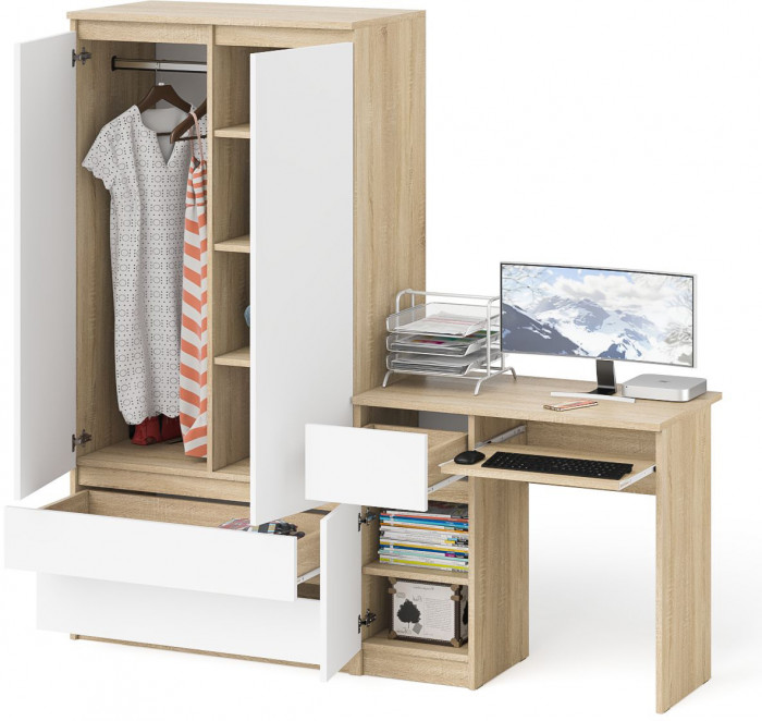 Мори Стол компьютерный МС-1 левый + Шкаф МШ900.1, цвет дуб сонома/белый, ШхГхВ 180,4х50,4х179,6 см., выдвижной ящик слева, НЕ универсальная сборка