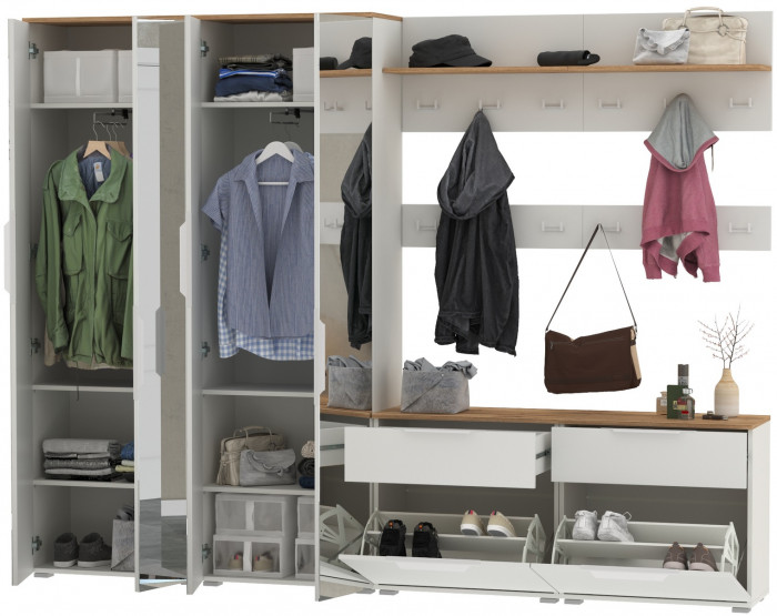 Октава Прихожая 36, цвет белый шагрень/дуб крафт золотой/фасады МДФ белый шагрень, ШхГхВ 258,6х35,4х197,6 см., универсальная сборка