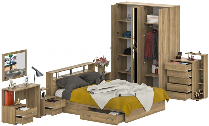 Камелия спальня № 10 Кровать с ящиками 1600 + Две тумбы + Стол косм. + Зеркало + Комод + Шкаф, цвет дуб сонома, 1600х2000 мм., б/м, осн. есть