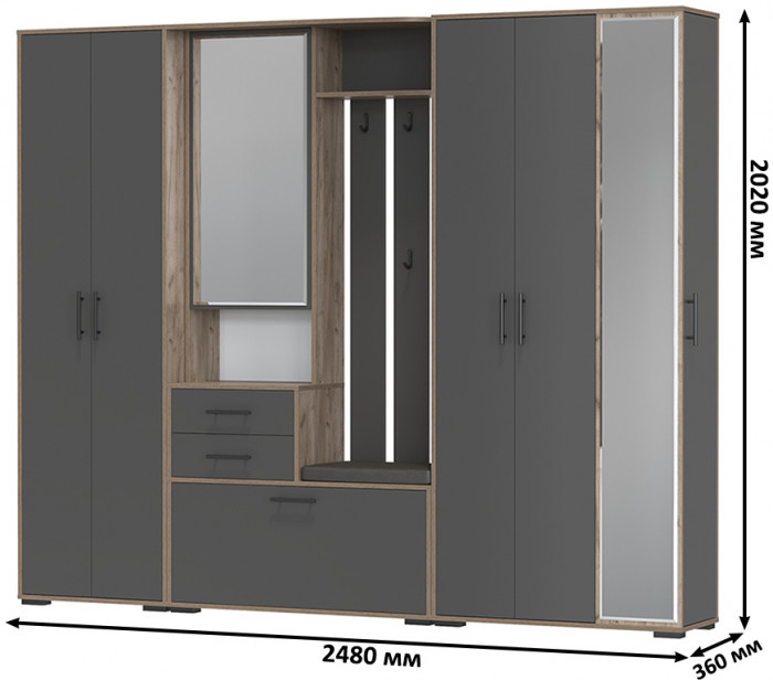 Прихожая Домино 6, дуб крафт табачный/графит