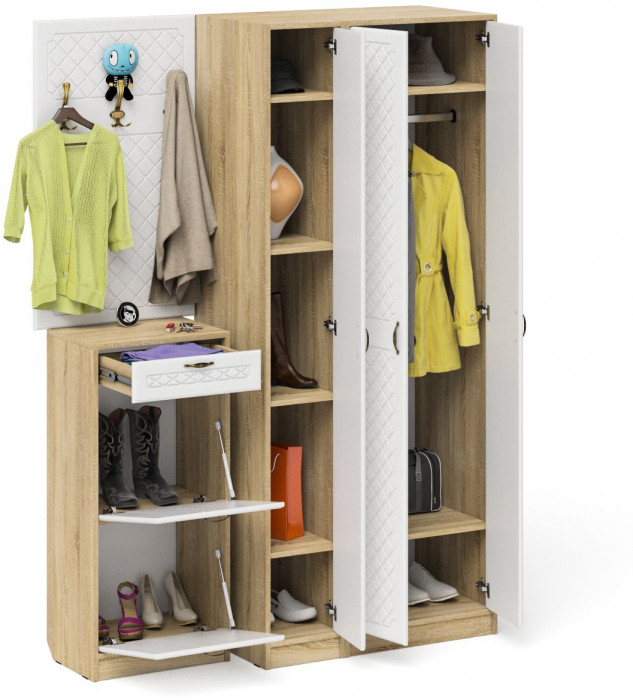 Прихожая П-6 Компоновка № 50, цвет дуб сонома/фасады МДФ белое дерево фрезеровка ромб, ШхГхВ 150х50х210 см., универсальная сборка