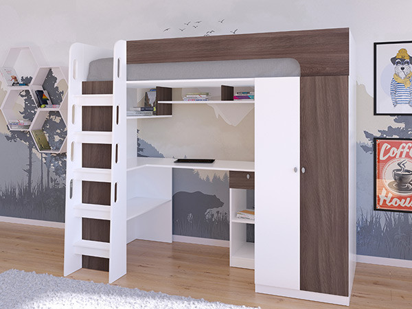 Кровать чердак Астра 10 Белый/Дуб Шамони