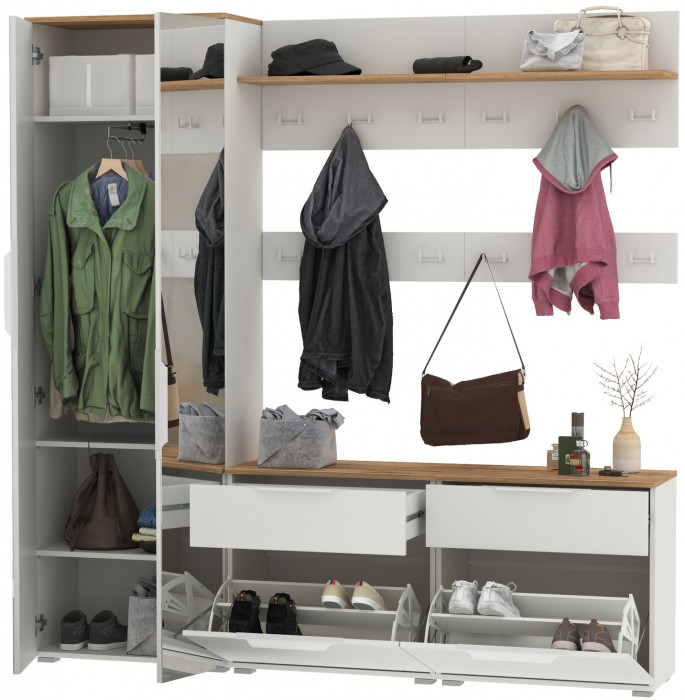 Октава Прихожая 32, белый шагрень/дуб крафт золотой/фасады МДФ белый шагрень