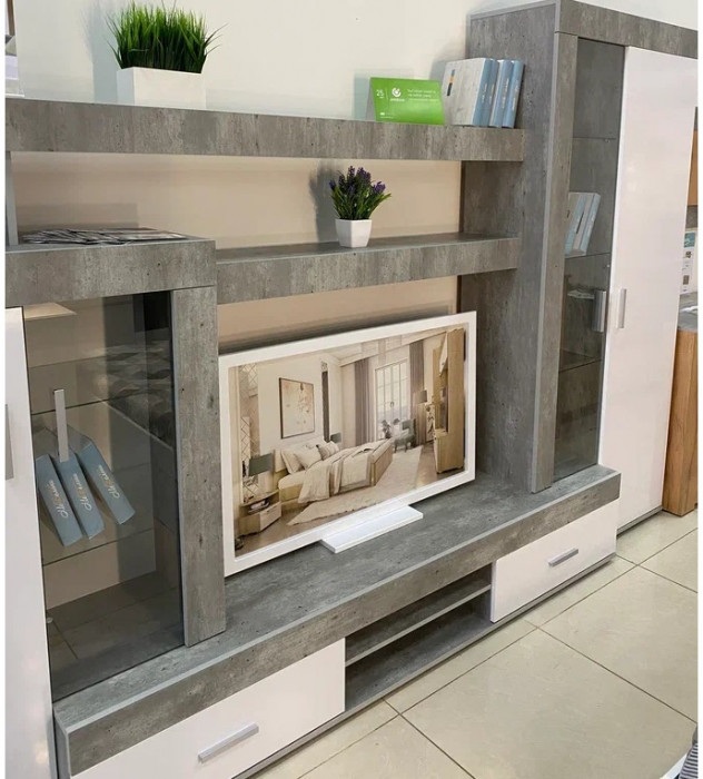 Стенка в гостиную Инстайл ЦС-02, бетон/белый