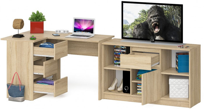 Мори Стол компьютерный МС-16 левый + Тумба МТВ1204.1, цвет дуб сонома, ШхГхВ 244,8х84,9х76,6 см., выдвижные ящики слева, НЕ универсальная сборка