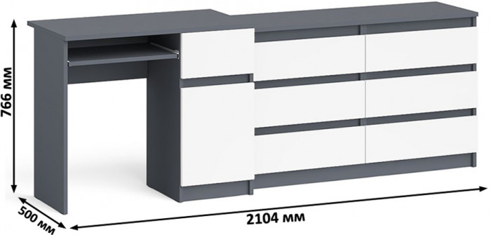 Мори компьютерный стол МС-1 правый + Комод МК1200.6, графит/белый