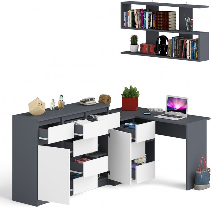 Мори компьютерный стол МС-16 левый + Комод МК1200.4 + Полка 1200, графит/белый