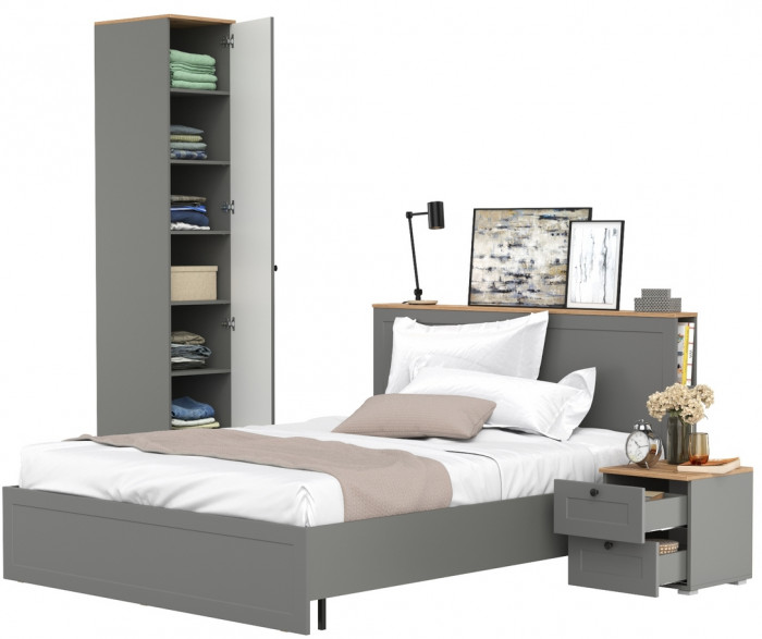 Остин 11.53 Кровать + ортопед + 13.225 Шкаф-пенал + 16.152 Тумба прикроватная, серый графит/дуб крафт золотой