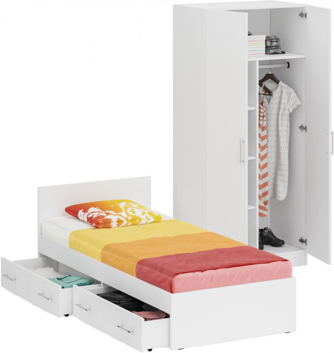 Кровать с ящиками 0900 + Шкаф 2-х створчатый Стандарт, белый