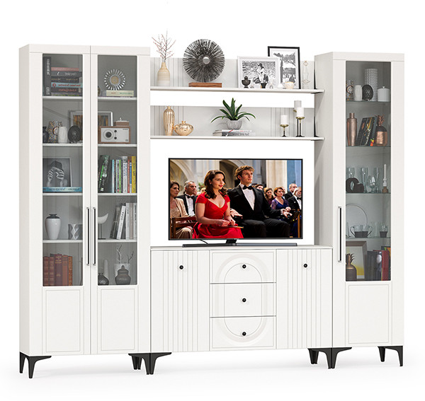 Валенсия Гостиная № 099, цвет ЛДСП белый шагрень/МДФ белый шагрень, ШхГхВ 272,3х38,4х225,2 см., ниша для ТВ 133х38х90 см., универсальная сборка