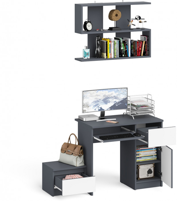 Мори компьютерный стол МС-1 правый + Тумба ТМП400.1 + Полка 900, графит/белый