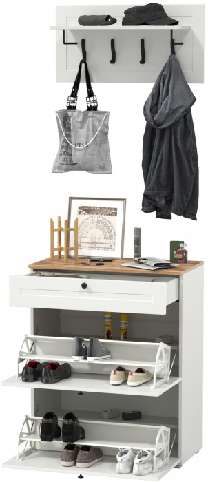 Остин 16.121 Тумба для обуви + 15.12 Вешалка, белый шагрень/дуб крафт золотой