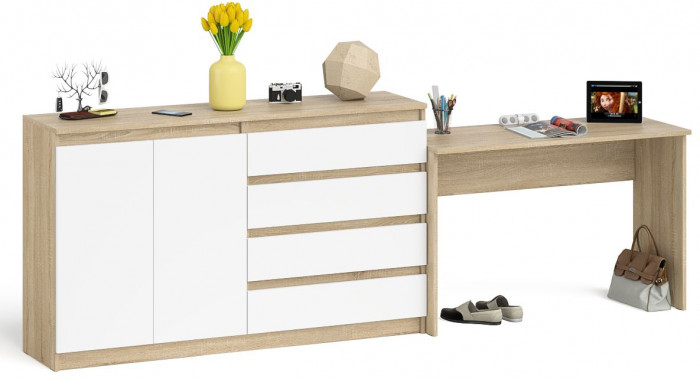 Мори Стол письменный МСП1200.1 + Комод МК1600.1, цвет дуб сонома/белый, ШхГхВ 280,8х50х94 см., универсальная сборка