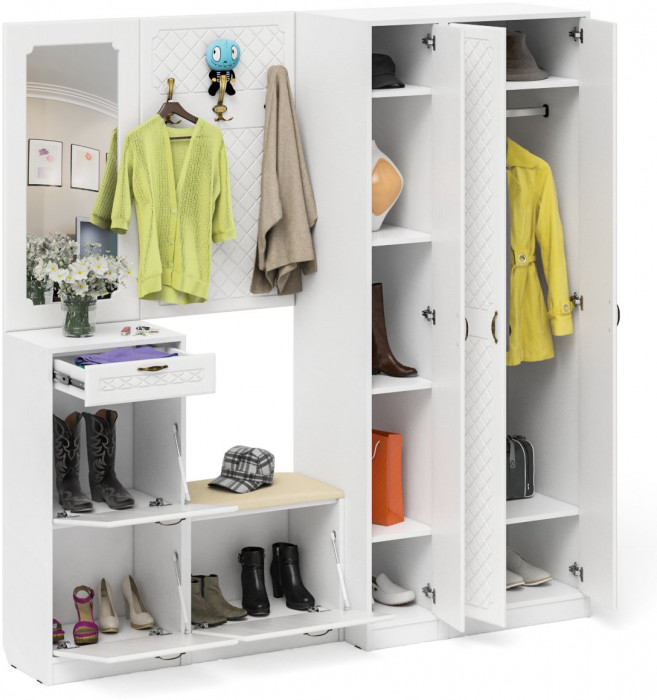 Прихожая П-6 Компоновка № 51, цвет белая шагрень/фасады МДФ белое дерево фрезеровка ромб, ШхГхВ 200х50х210 см., универсальная сборка